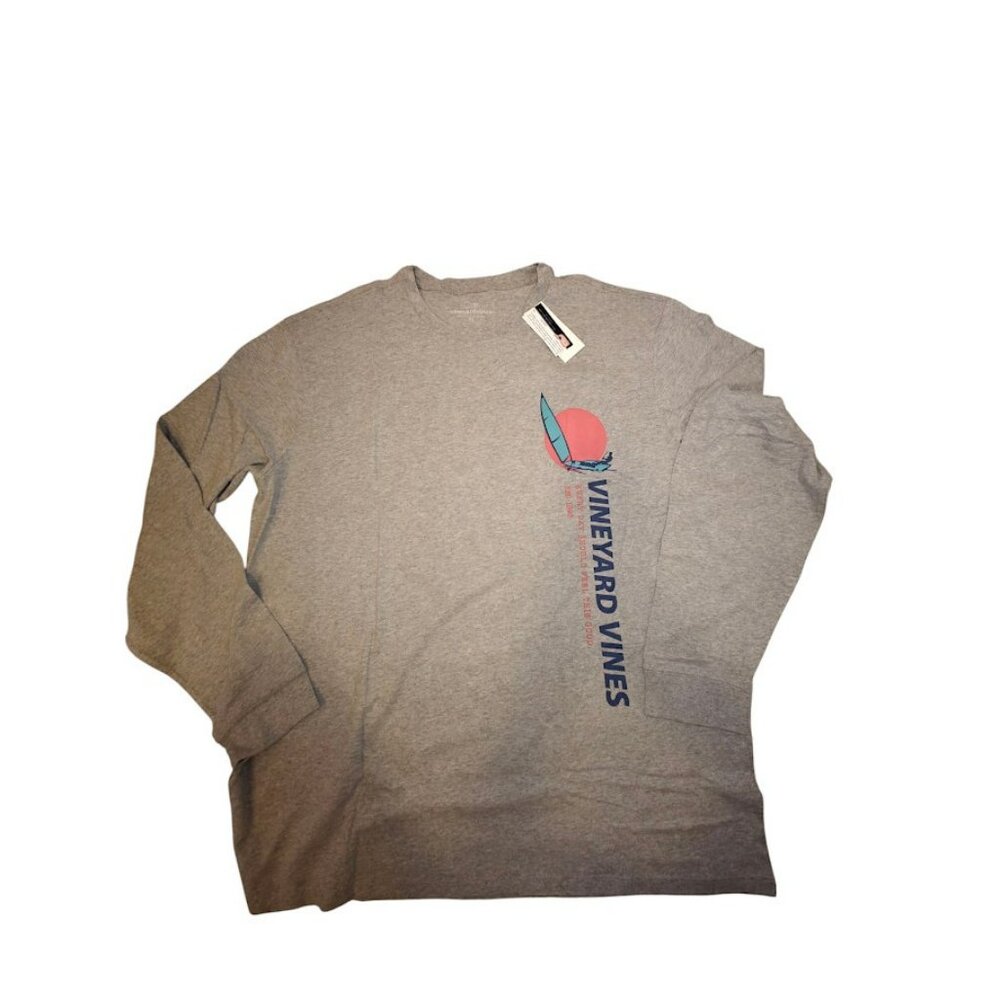 Vineyard Vines Men's XL Heather Gray Long Sleeve T Shirt Sail Graphic 100 Cotton